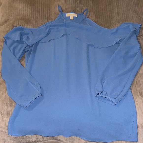 Michael Kors Blue Long Sleeve Ruffle Blouse Cold Shoulder - Picture 3 of 6